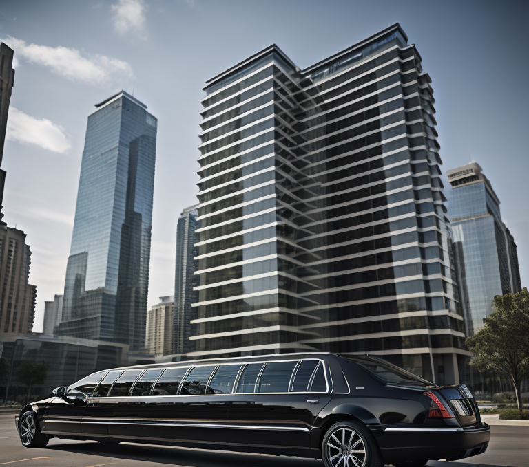 Stretch limousine in front of an office building